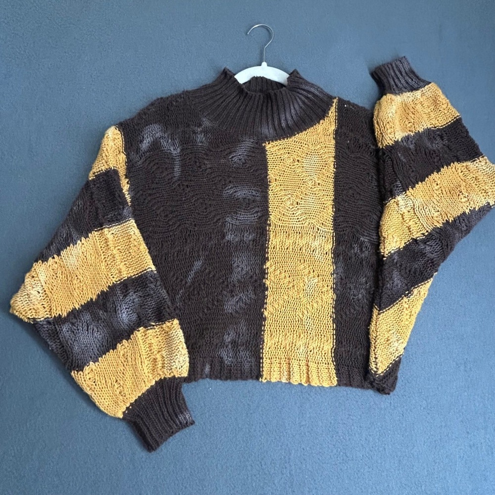 POL Sweater Womens S Brown Yellow Striped Acid Wash Chunky Knit Mock Neck 9517
